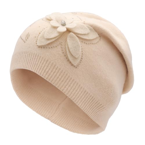 ZLYC Women Floral Slouchy Beanie Hat Double Layer Winter Knit Skull Cap - color: Butterfly Beige