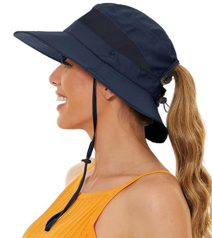 EW East Water Sun Beach Hat for Women, UPF50+ Waterproof with Ponytail Hole - color: Navy Blue