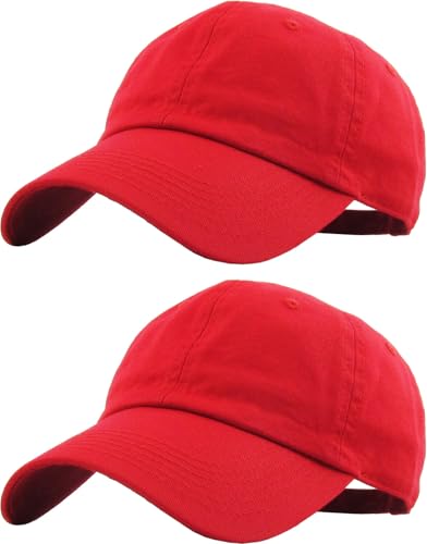 KBETHOS Classic Unisex Cotton Adjustable Low Crown Baseball Cap – Plain Dad Hat - color: Red + Red (2 Pack)