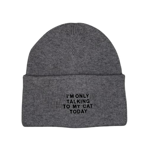 Cat Mom Cat Dad Beanie Collection – Jacquard Pom Pom Hats & Double-Layer Embroidered Beanies for Pet Lovers - color: I’m Only Talking to My Cat Today Gray