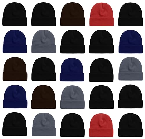 25 Pack Winter Beanie Hats, Unisex Thermal Toboggan Cold Weather Cuffed Caps Bulk Bundle - color: Assorted Colors