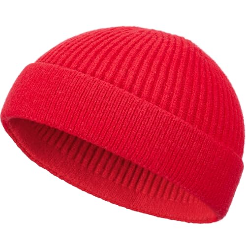 Wool Fisherman Beanie for Men Wome, Thin Knit Winter Hats Skull Cap - color: Red