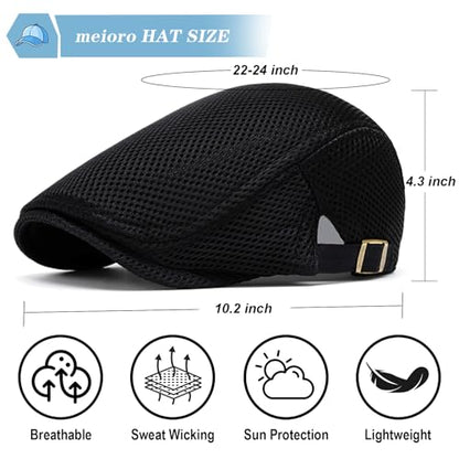 meioro Mens Breathable Mesh Summer Hat Adjustable Flat Cap Newsboy Beret Ivy Cap Irish Cabbie Fishing Hats - color: Black+white