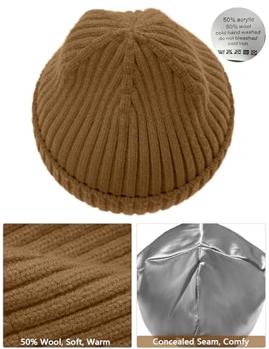 Satin Lined Wool Acrylic Blend Beanie Hat Women Men, Winter Knit Cap - color: Light Coffee