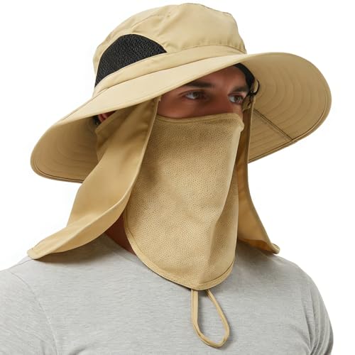 Wide Brim Sun Bucket Hat, Waterproof Boonie Hat for Men & Women - color: 07 Khaki (Full Coverage)
