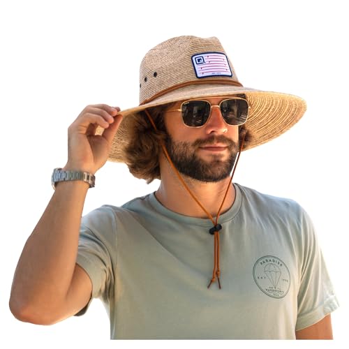 Qwave Packable Stone-Washed Straw Lifeguard Hat for Men and Women - Beach Straw Hat Protects from Summer Sun - color: American Flag Surfboard