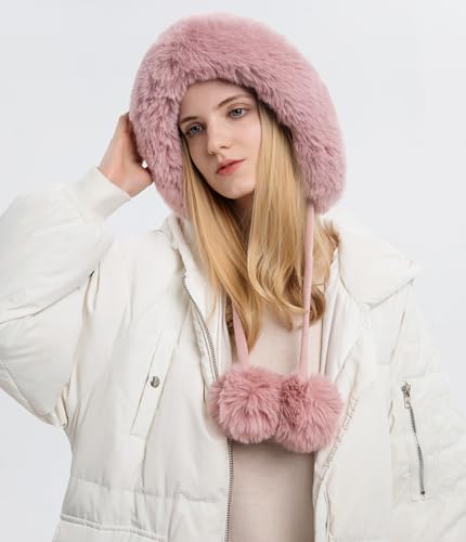 HUAMULAN Women Winter Sherpa Knit Beanie Hats Fleece Lined Ear Flaps - color: Pink Solid