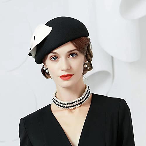 ORIDOOR Women Vintage 100% Wool Felt Flowers Bucket Cloche Bowler Hat Church Wedding Beret Hat - color: White