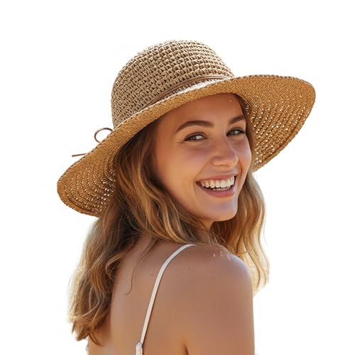 Womens Beach Sun Straw Hat Summer Floppy Wide Brim Foldable Packable - color: Bow Khaki