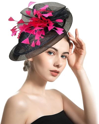 ORIDOOR Women Fascinators Derby Church Tea Party Wedding Flower Feathers Headpiece with Headband Clips - color: 03-black + Rose