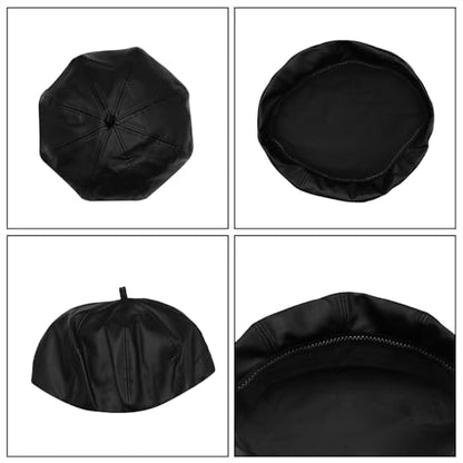 Women Classic PU Leather French Beret Beanie Hat Pumpkin Cap - color: Black B#