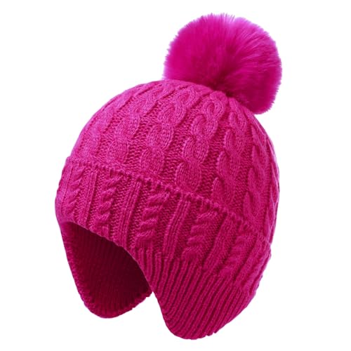 Toddler Baby Winter Hat with Earflap Kids Warm Twisted Knit Hat Infant Pom Pom Beanie Ski Cap for Baby Girls Boys - color: Rose Red, size: 2-6 Years