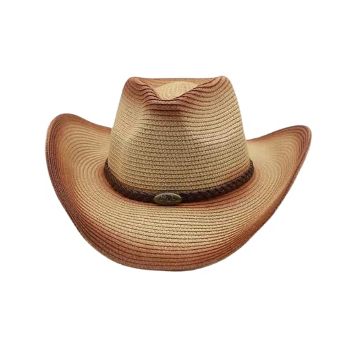 Straw Cowgirl Hat for Women Cowboy Hats for Men Wide Brim Sun Hat Shapeable Western Hat Beach Hat - color: Beige-coffee
