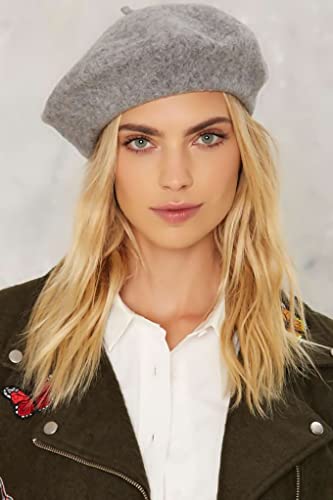 Women French Wool Beret Hats - Solid Color Classic Beanie Winter Cap - color: Light Gray