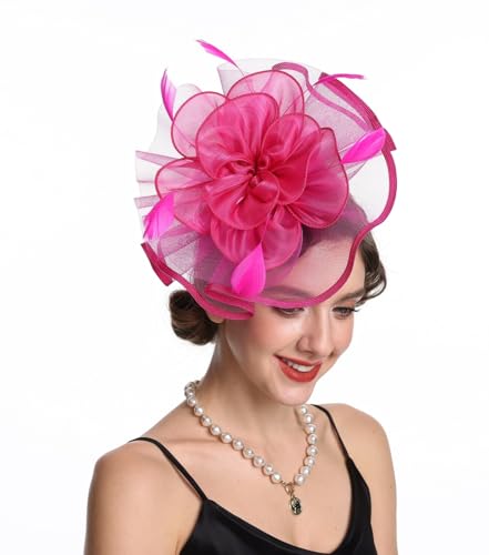 Women's Organza Church Vintage Wedding Fascinator Tea Party Wedding Hat Summer - color: Hj2-fuschia
