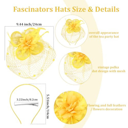 Semato Fascinators Hats for Women Mesh Feathers Elegant Yellow Tea Party Kentucky Hat Derby Headband with Hair Clip - color: Yellow