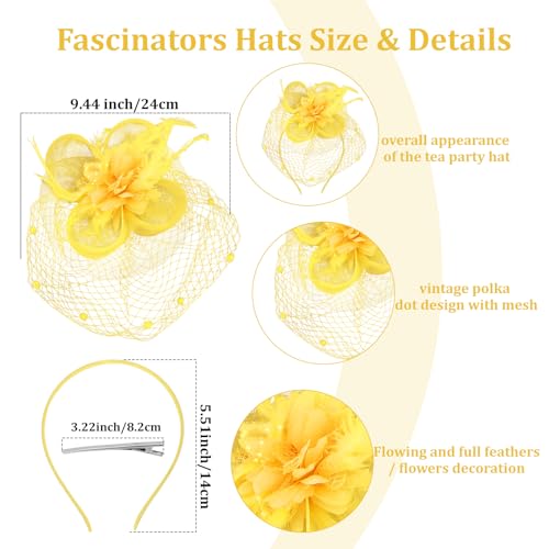 Semato Fascinators Hats for Women Mesh Feathers Elegant Yellow Tea Party Kentucky Hat Derby Headband with Hair Clip - color: Yellow