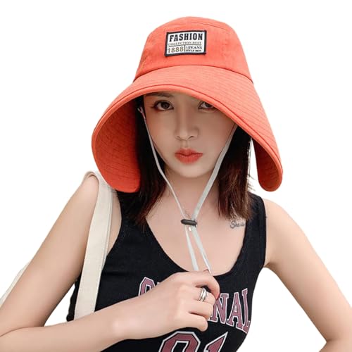 Women Floppy Sun Beach Hat Packable Wide Brim Bucket Hat UPF 50+ UV Protection Travel Beach Cap - color: Orange