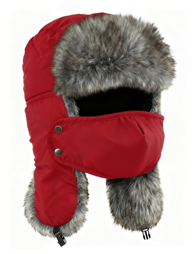 Buauty Fur Trapper Hat for Men Women Winter Windproof Soft Russian Ushanka Hats with Warm Ear Flaps & Removable Mask - color: Red
