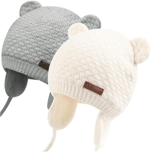 Duoyeree Baby Winter Hat, Bear Knit Earflaps Cotton Lined for Toddler Kids - color: Bear White and Grey, size: 12-18 Months