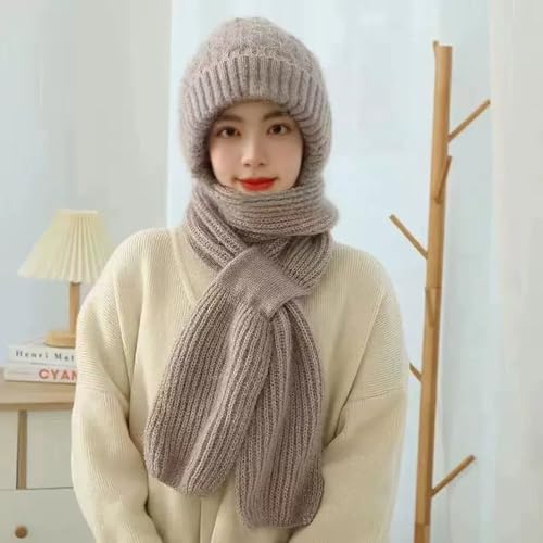 Women Winter Warm Elastic Soft Ear Protection Knitted Scarf Hat Fleece Lined Beanie Hat - color: Light Khaki