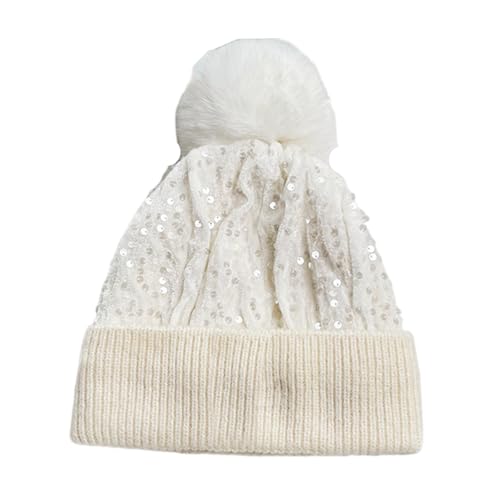 Women Girls Winter Sequin Beanie Hat with Faux Fur Pom Pom Knit Skull Cap - color: Knit-white