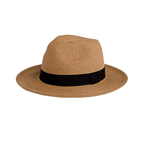 Pineapple&Star Sun Straw Fedora Beach Hat Fine Braid UPF50+ for Unisex - color: Brown, size: Large
