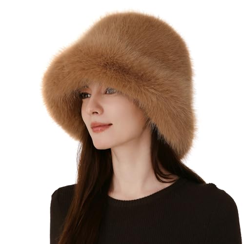 Women's Oversized Faux Fur Bucket Hat, Fluffy Plush Winter Hat, Solid Color - color: Brown