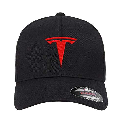 Electric Car Motor T Model 3 Model S Car Fitted Embroidered Hat Baseball Cap - color: Black Curved Red Thread, size: Small-Medium