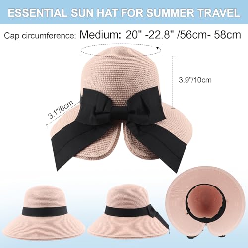 DRESHOW Sun Hats for Women Travel Fedora Foldable Beach Sun Hat Summer Wide Brim Straw Bucket Hat with Bowknot UPF 50+ - color: 1 Pack With Bowknot: Nude Pink