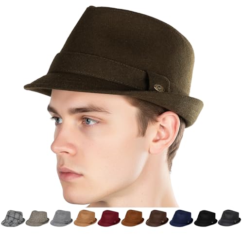 Funky Junque Mens Wool Blend Fedora, Vintage Winter Dress Hat - color: Olive, size: 7 1/4-7 5/8