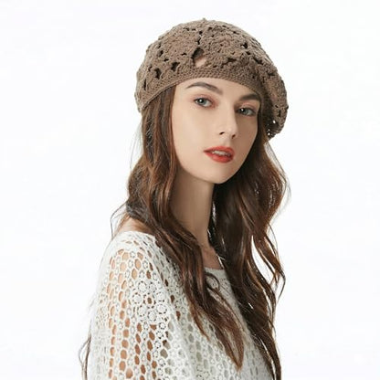 ZLYC Women Cotton Slouchy Crochet Beret Handmade Cutout Floral Beanie Hat - color: Floral Camel