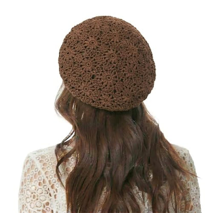 ZLYC Women Cotton Slouchy Crochet Beret Handmade Cutout Floral Beanie Hat - color: Plain Brown