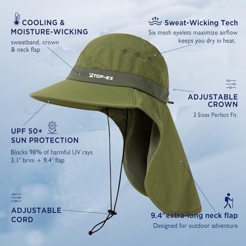 TOP-EX UPF 50+ Cooling Wide Brim Sun Hat for Men with Neck Flap, Packable - color: Bronze Green, size: Large-X-Large