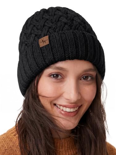 Winter Hats for Women Cable Knit Chunky Skull Cap Fleece Lined Thick Fold Cuff Beanie hat - color: Black, style: Pineapple