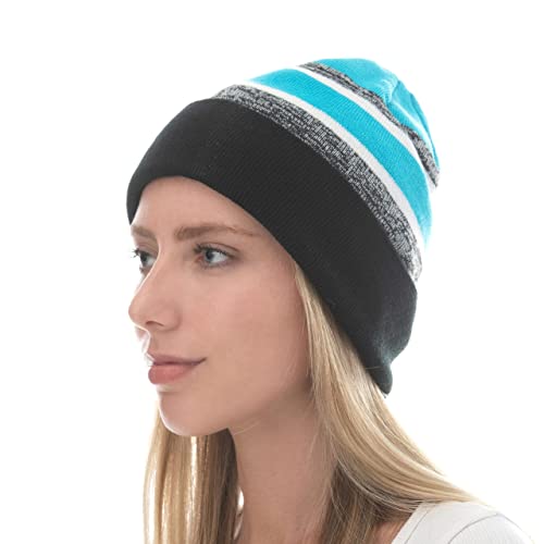 Winter Knit Beanie Hat with Pom Pom – Warm Cuffed Slouch Ski Cap for Men & Women - color: 2.black and Turquoise