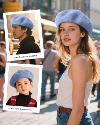Wool French Beret Hats for Women Classic Winter Beanie Cap - color: Sky Blue