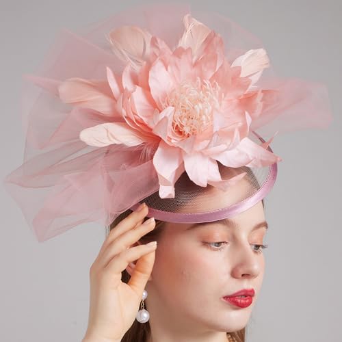 Kentucky Organza Derby Top Hats for Women Sun Visor Cap Ladies Flowers Bride Weeding Fascinators Wide Brim Fedoras - color: Pink-orange 1