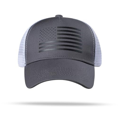American Flag Trucker Hat - Snapback Hat, Baseball Cap for Men Women - Breathable Mesh Side, Adjustable Fit - for Casual Wear - color: Dark Gray/White