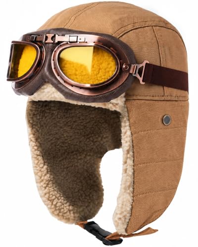 Aviator Hat with Goggles Adult Vintage Pilot Hat Costume Winter Bomber Hat Fur Ear Flaps Trapper Hat Men Women - color: Khaki Hat + Yellow Glasses
