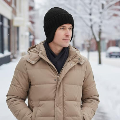 Home Prefer Mens Winter Hat Knit Earflap Hat Stocking Caps with Ears Beanie Hat - color: Black