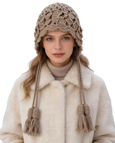 MINGSEECESS Women Girls Knitted Beanie Hat Crochet Braided Knit Warmer Cap Skiing Snowboarding Ear Flap Hats - color: Knitted-khaki