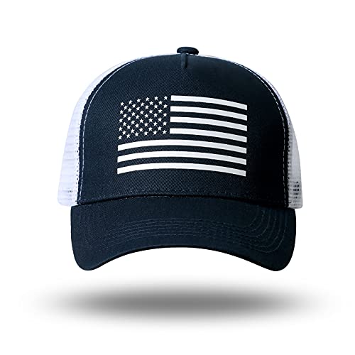 American Flag Trucker Hat - Snapback Hat, Baseball Cap for Men Women - Breathable Mesh Side, Adjustable Fit - for Casual Wear - color: Navy/White