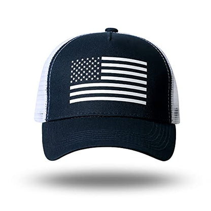 American Flag Trucker Hat - Snapback Hat, Baseball Cap for Men Women - Breathable Mesh Side, Adjustable Fit - for Casual Wear - color: Navy/White