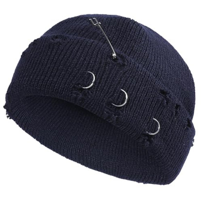Distressed Ring Beanie Hat for Women Men Slouchy Skull Cap - color: Navy