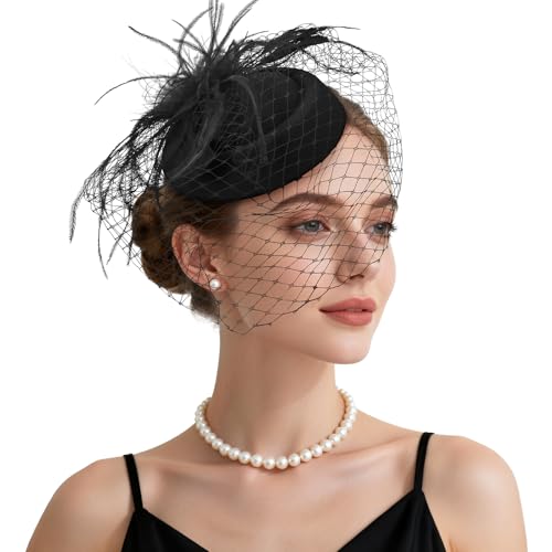 Fascinator Hat Veil Feather Fascinator Tea Party Bridal Wedding Veil Retro Hat Pillbox Hat - color: Black