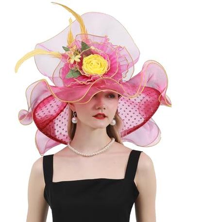 Women Derby Church Hat Organza Flower Wedding Tea Party Fascinator Wide Brim Sun Hat - color: 14-rose Red