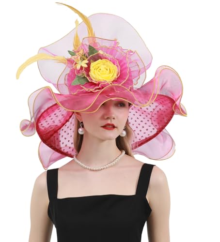 ORIDOOR Women Organza Fascinator Church Derby Hat Floral Tea Party Wedding Hat - color: 001-rose Red