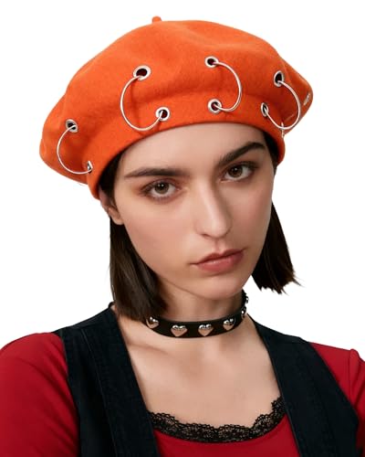 AWAYTR Punk Beret Hat for Women - 90% Wool Blend Goth Alt French Cap - color: Orange