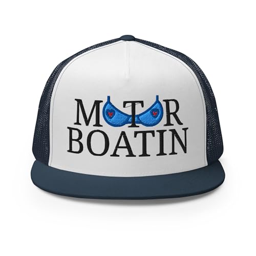 NX Motor Boatin Embroidered Flat Bill Trucker Hat High Crown Snapback Cap - color: Navy/ White/ Navy